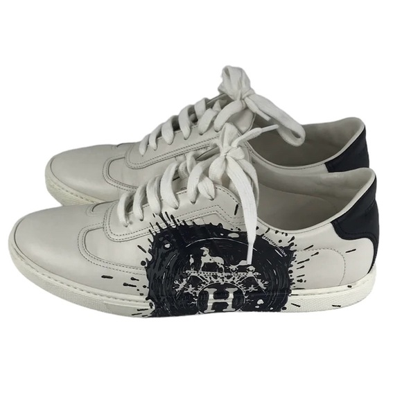 Authentic HERMES Swift Printed Peinture Quicker Sneakers White Black 38 shoes - Picture 2 of 13